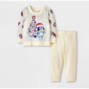 Baby Bluey Christmas Tree 2pc Knit Sweater Pants Set Ivory 0-3 Months #6539